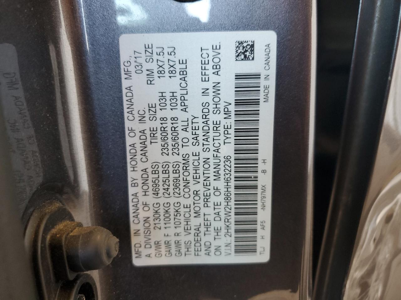 2017 Honda Cr-V Exl VIN: 2HKRW2H86HH632236 Lot: 86075085