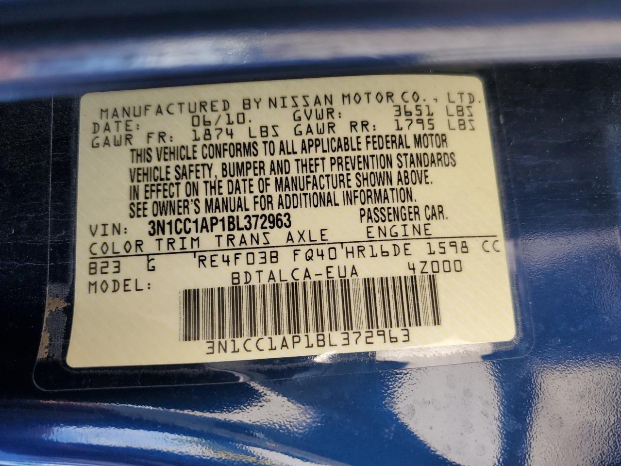 2011 Nissan Versa S VIN: 3N1CC1AP1BL372963 Lot: 82398915