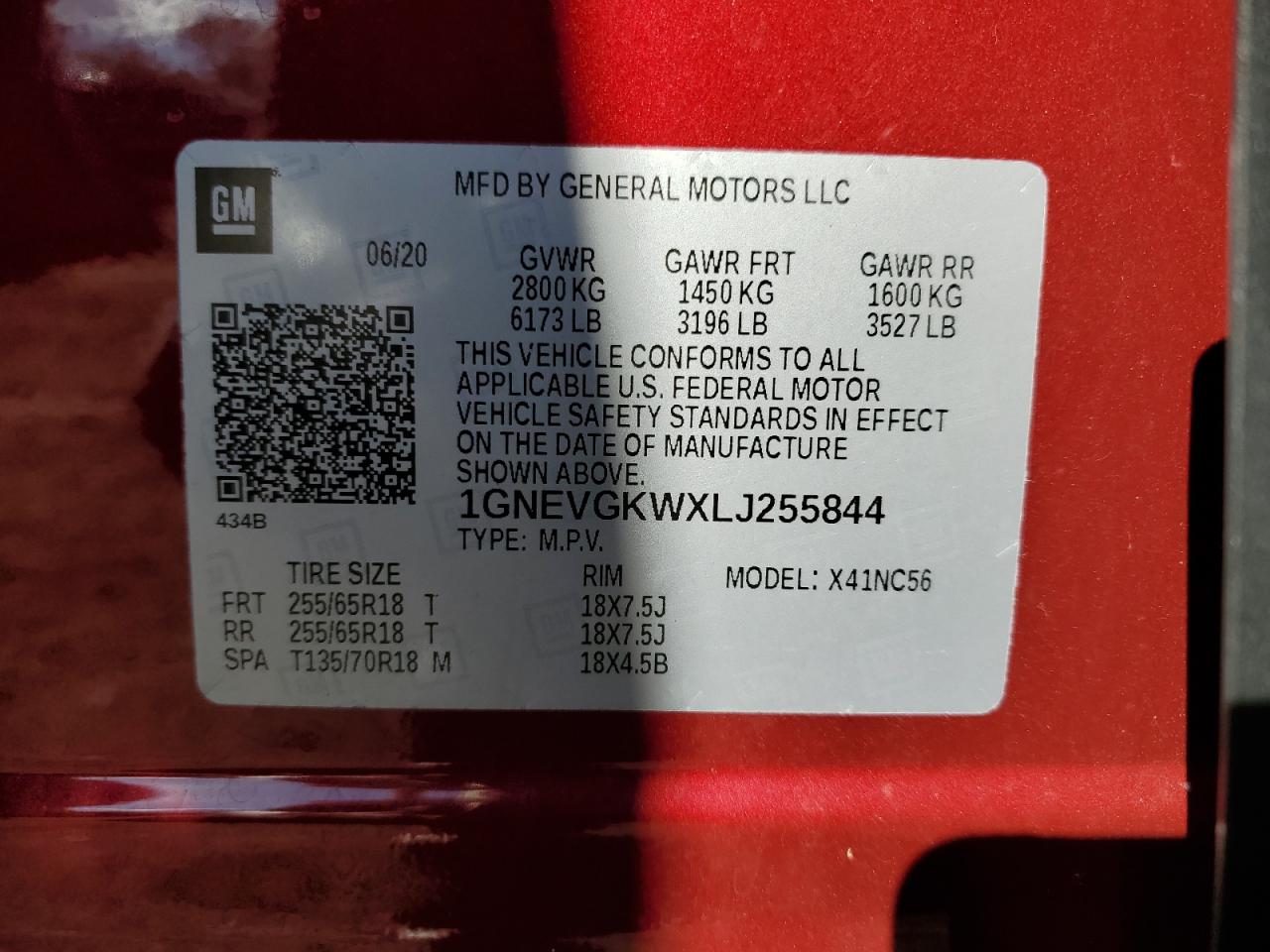 2020 Chevrolet Traverse Lt VIN: 1GNEVGKWXLJ255844 Lot: 85536955