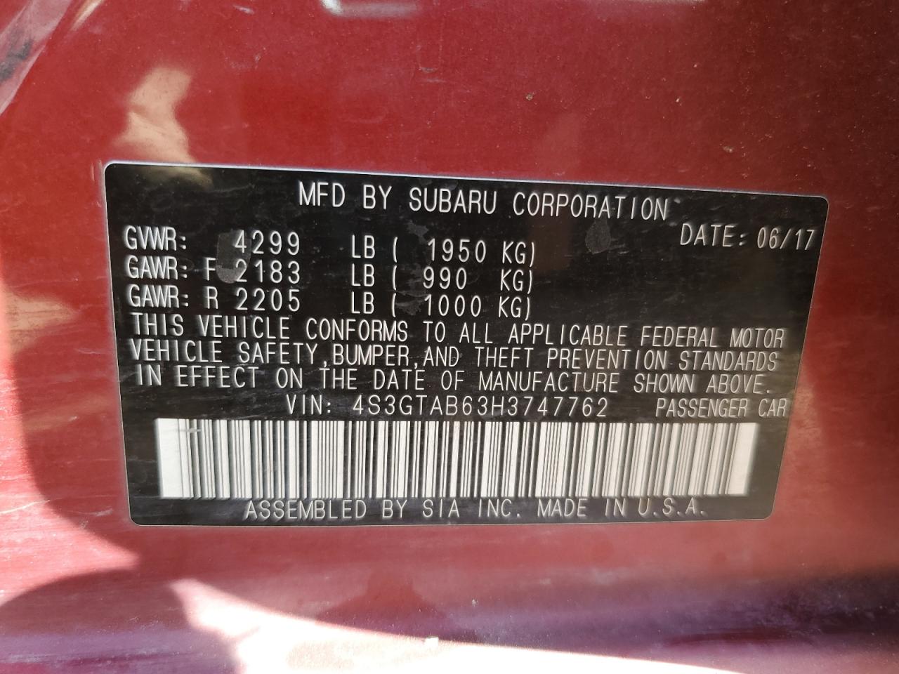 2017 Subaru Impreza Premium VIN: 4S3GTAB63H3747762 Lot: 84942225