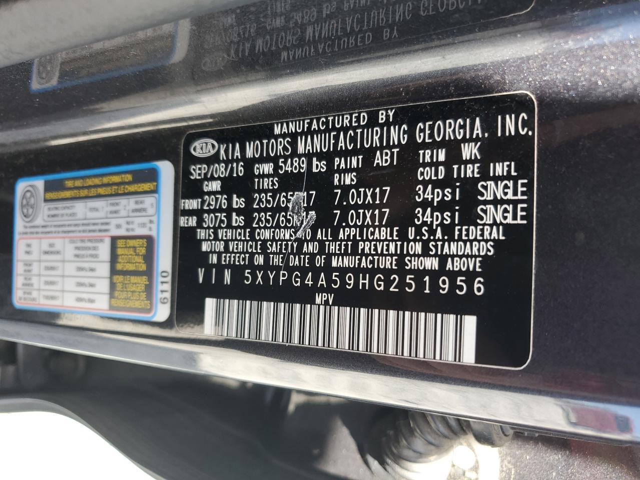 2017 Kia Sorento Lx VIN: 5XYPG4A59HG251956 Lot: 84802675