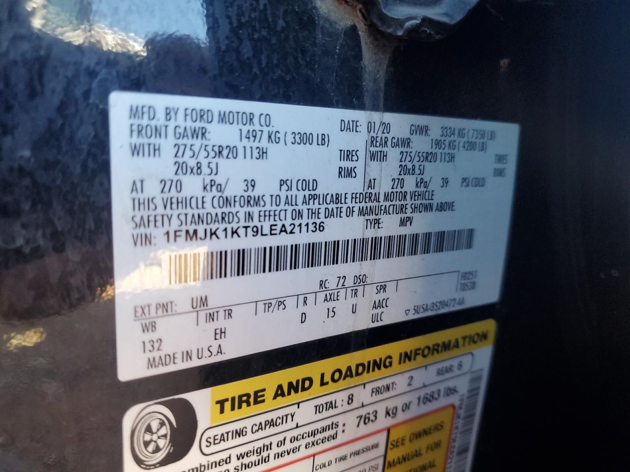 2020 Ford Expedition Max Limited VIN: 1FMJK1KT9LEA21136 Lot: 82655525