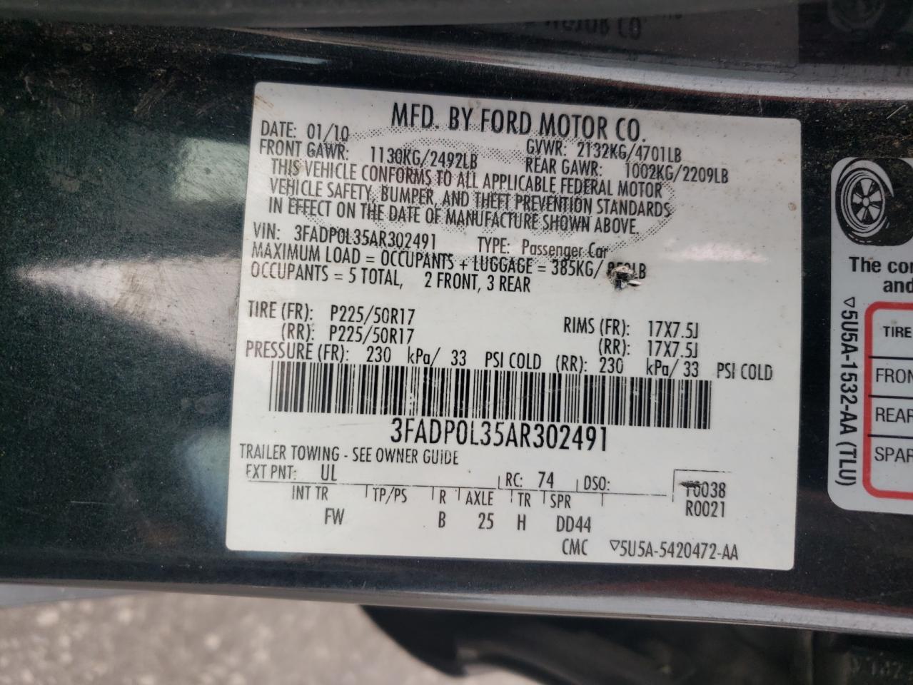 2010 Ford Fusion Hybrid VIN: 3FADP0L35AR302491 Lot: 84554425