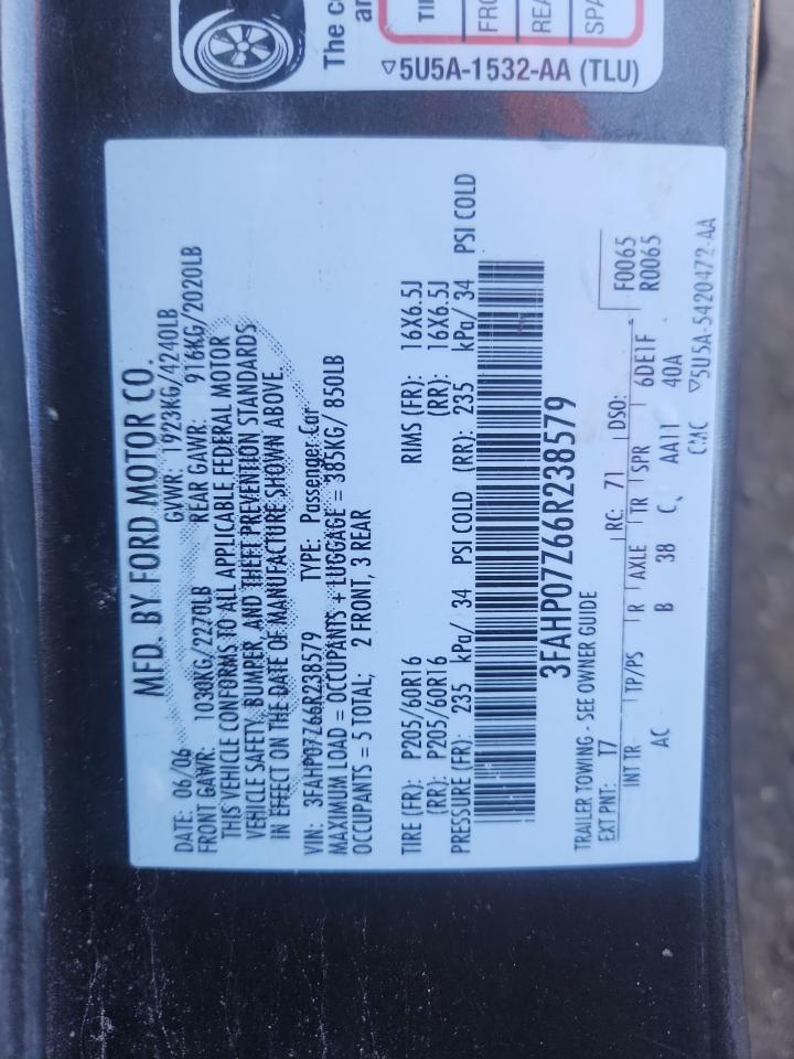 2006 Ford Fusion Se VIN: 3FAHP07Z66R238579 Lot: 85144265