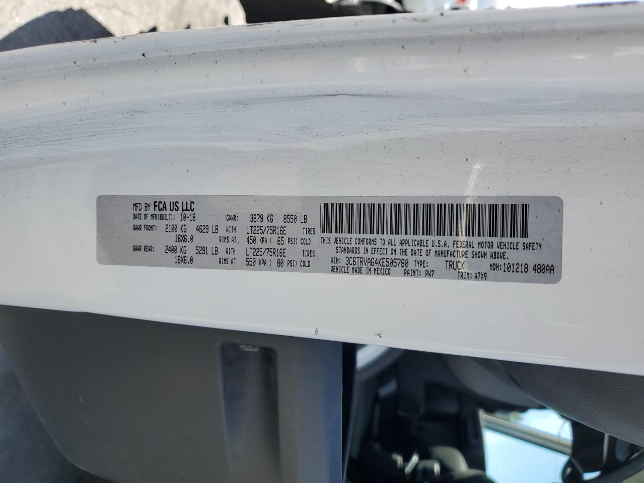 2019 Ram Promaster 1500 1500 Standard VIN: 3C6TRVAG4KE505780 Lot: 84896145