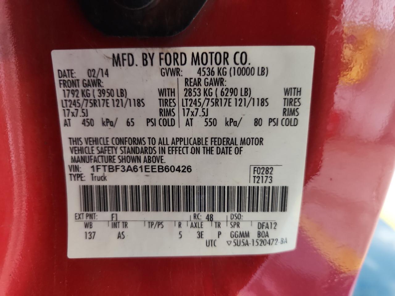 2014 Ford F350 Super Duty VIN: 1FTBF3A61EEB60426 Lot: 87128455