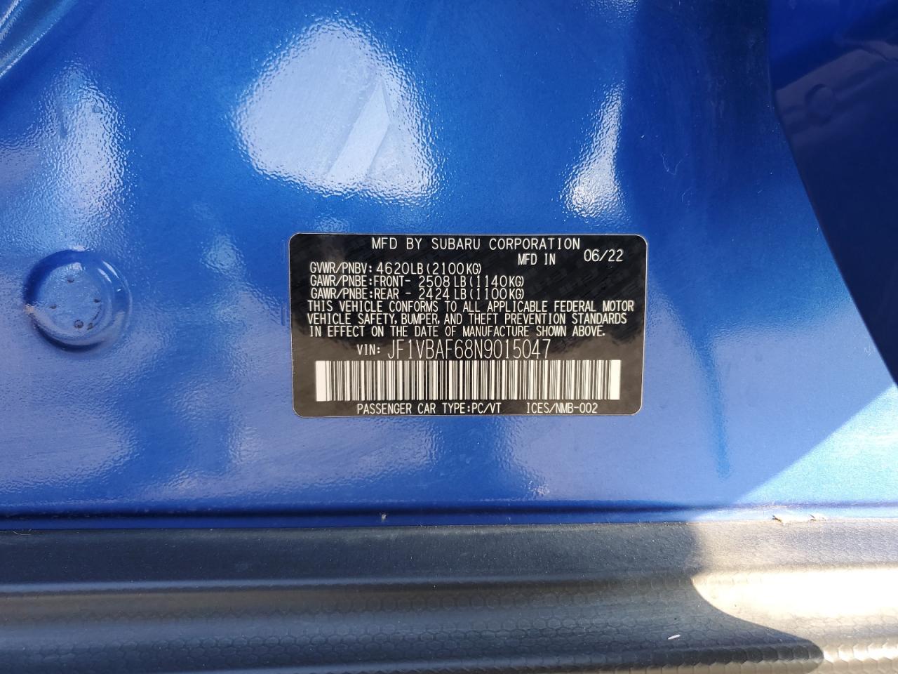 2022 Subaru Wrx Premium VIN: JF1VBAF68N9015047 Lot: 91110465