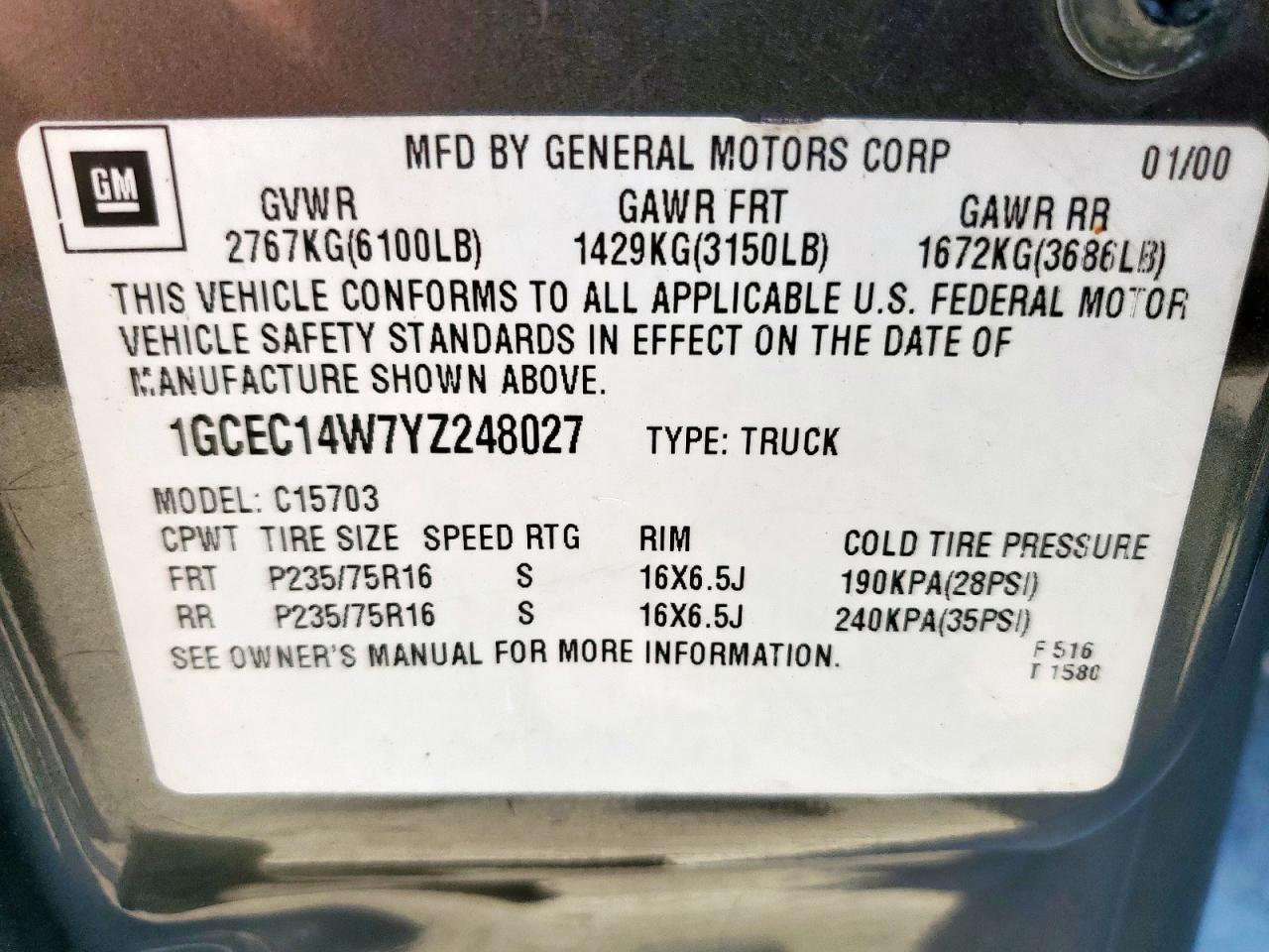 2000 Chevrolet Silverado C1500 VIN: 1GCEC14W7YZ248027 Lot: 86279795