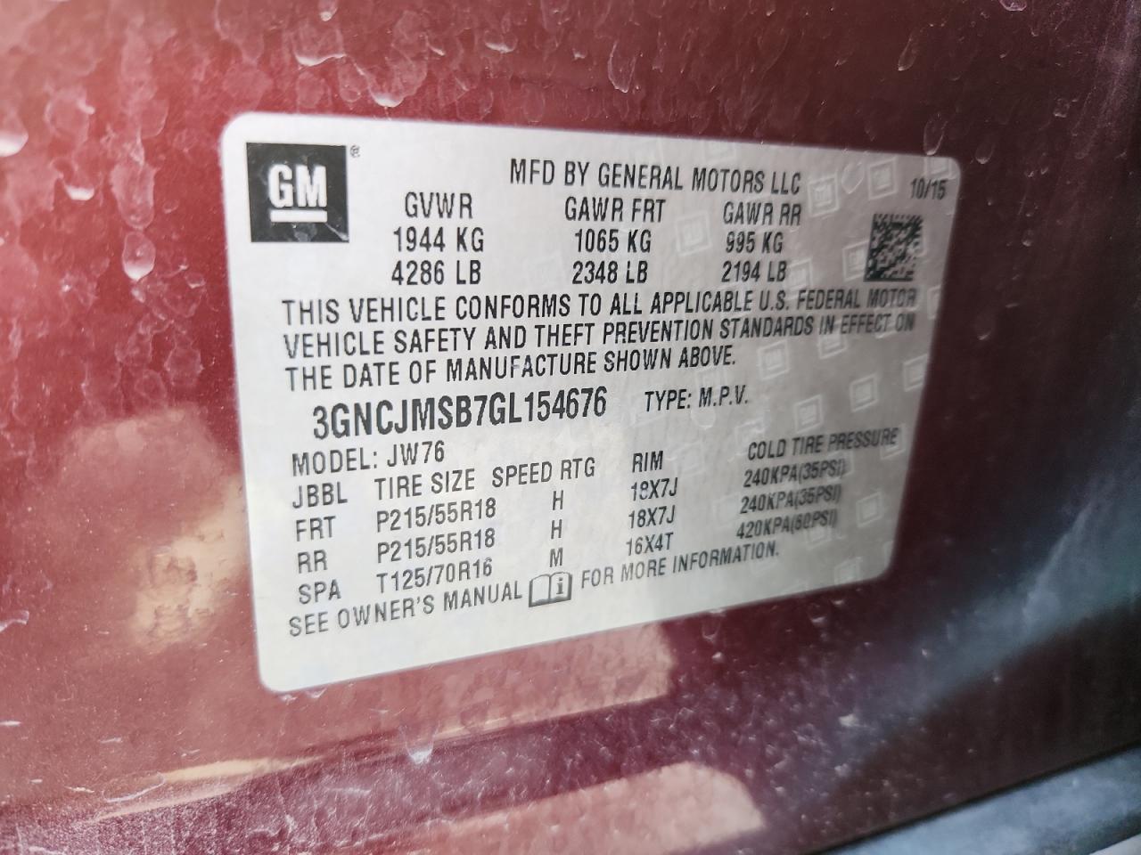 2016 Chevrolet Trax Ltz VIN: 3GNCJMSB7GL154676 Lot: 90953365