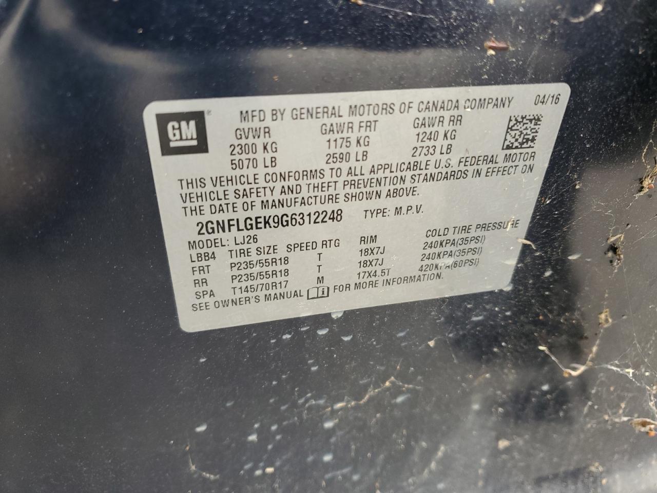 2016 Chevrolet Equinox Ltz VIN: 2GNFLGEK9G6312248 Lot: 85499395