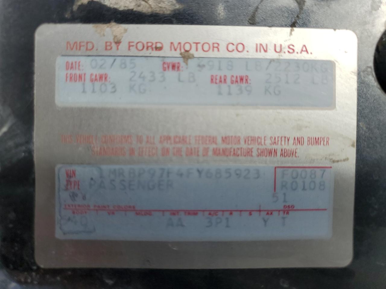 1985 Lincoln Continental VIN: 1MRBP97F4FY685923 Lot: 85125385