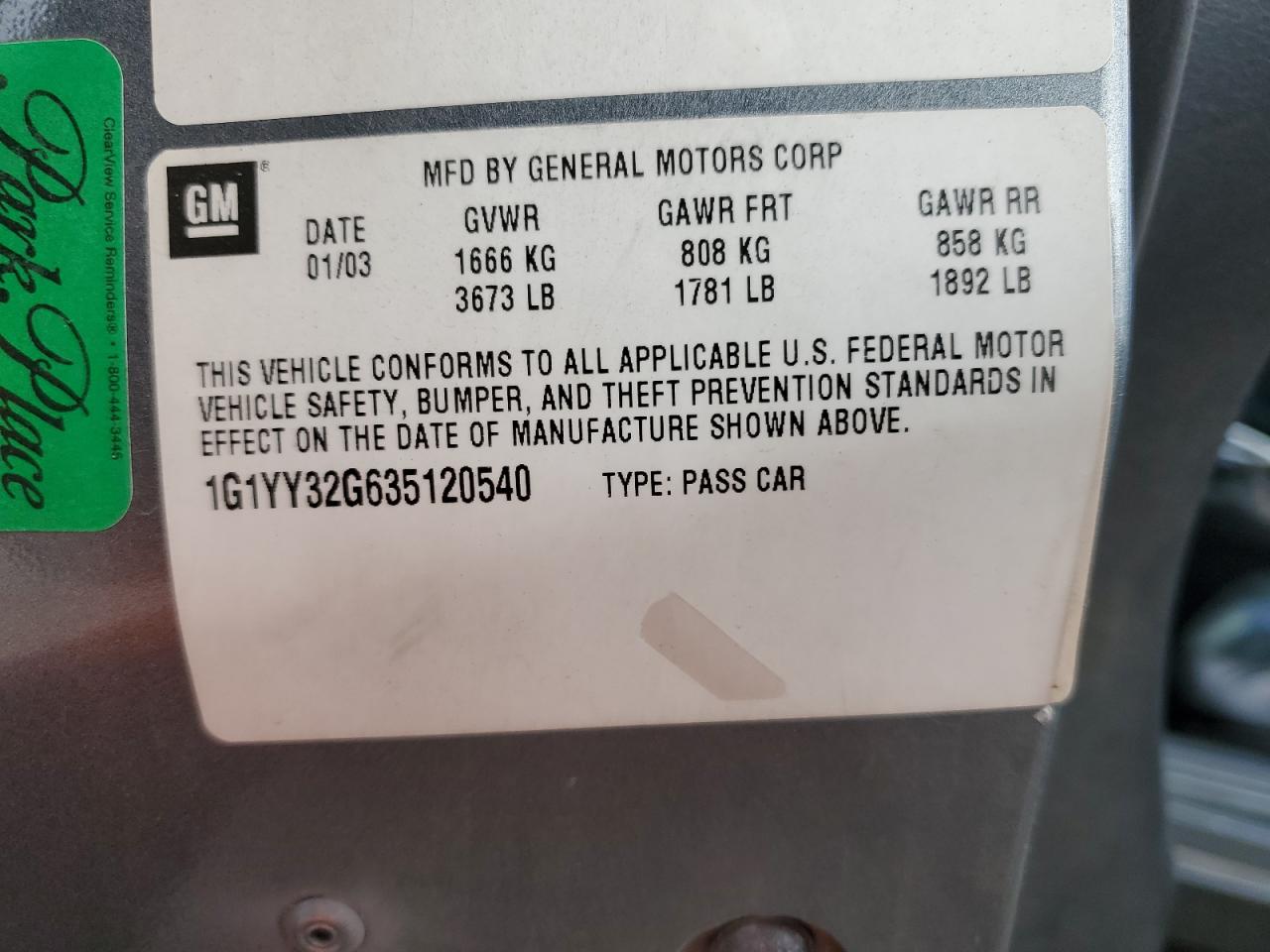 2003 Chevrolet Corvette VIN: 1G1YY32G635120540 Lot: 82217965