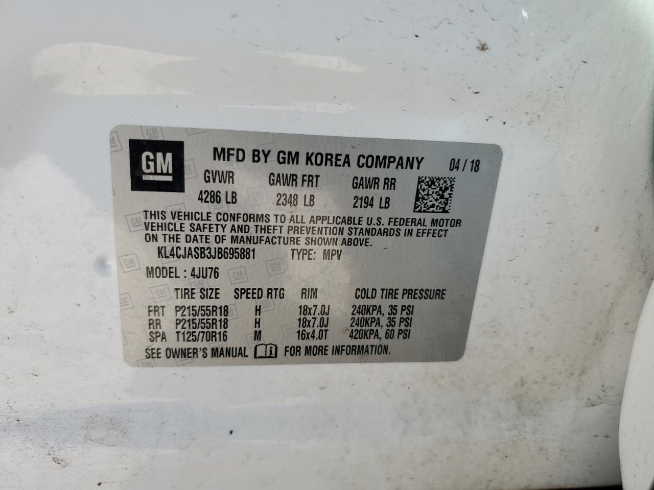 2018 Buick Encore Preferred VIN: KL4CJASB3JB695881 Lot: 86707365