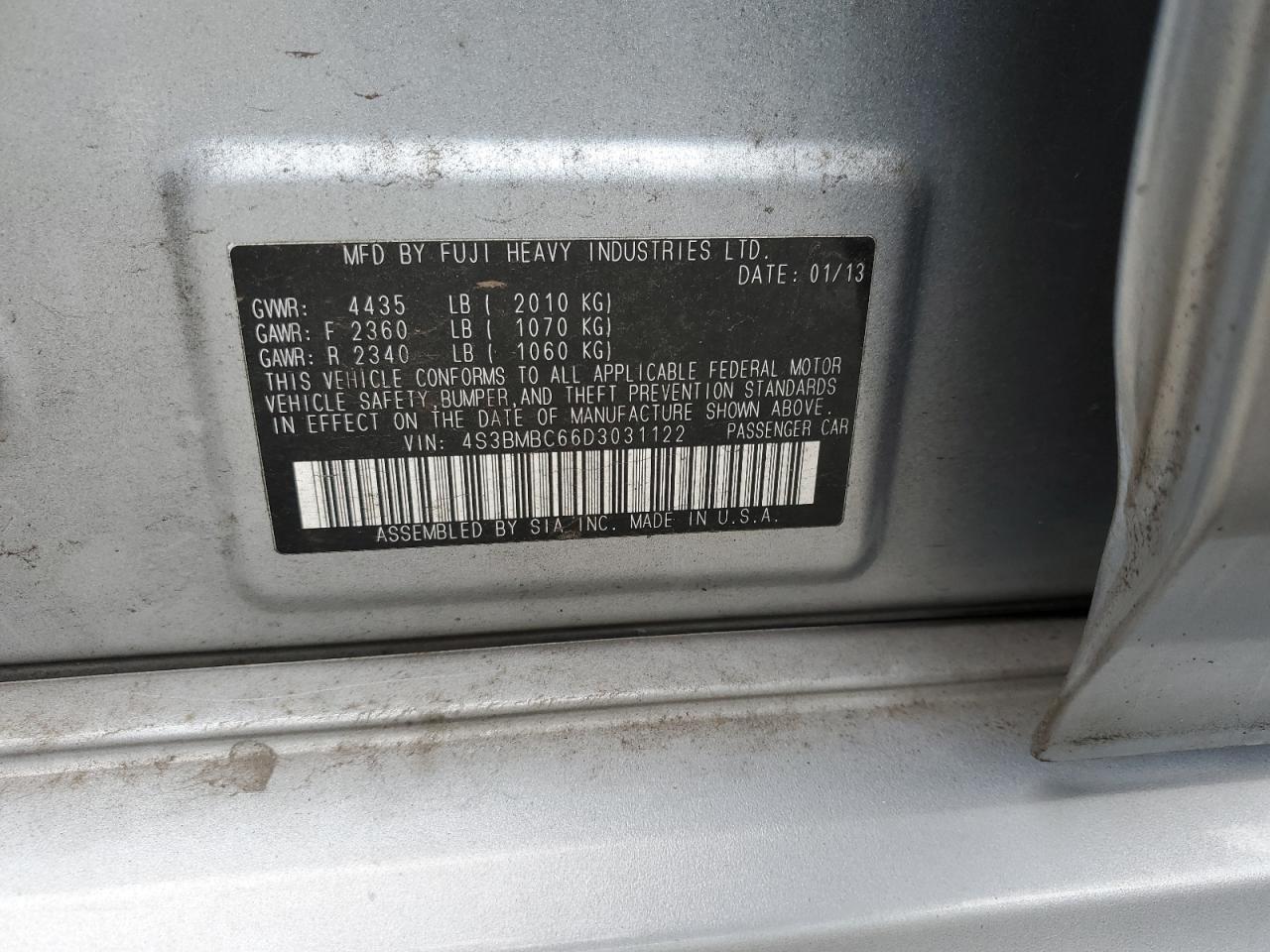 2013 Subaru Legacy 2.5I Premium VIN: 4S3BMBC66D3031122 Lot: 89485425