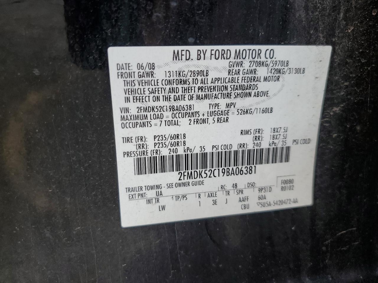 2009 Ford Flex Sel VIN: 2FMDK52C19BA06381 Lot: 81865495