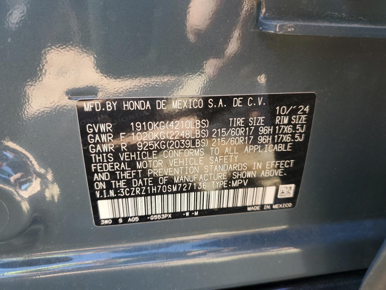 2025 Honda Hr-V Exl VIN: 3CZRZ1H70SM727136 Lot: 85925905