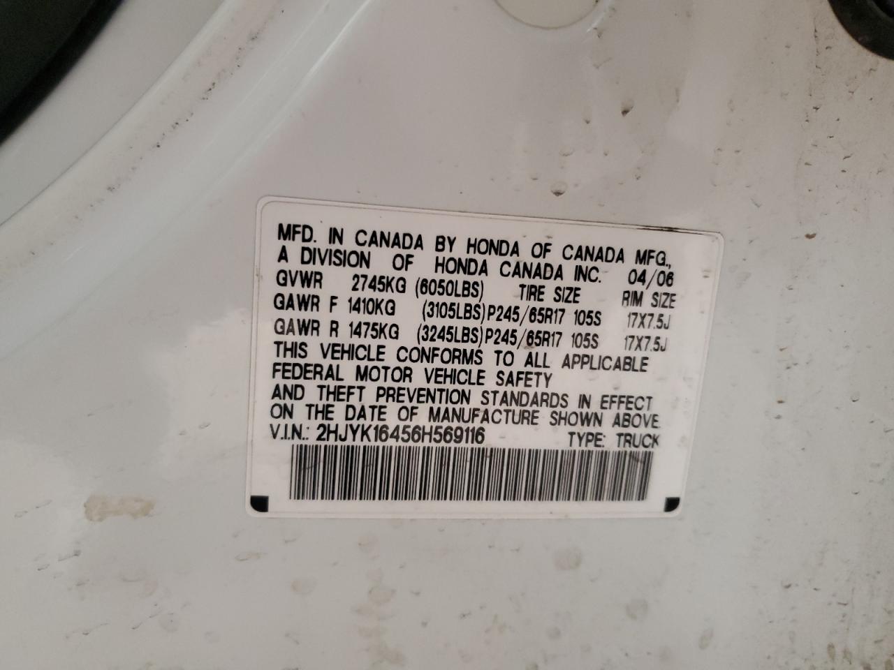 2006 Honda Ridgeline Rts VIN: 2HJYK16456H569116 Lot: 85936945