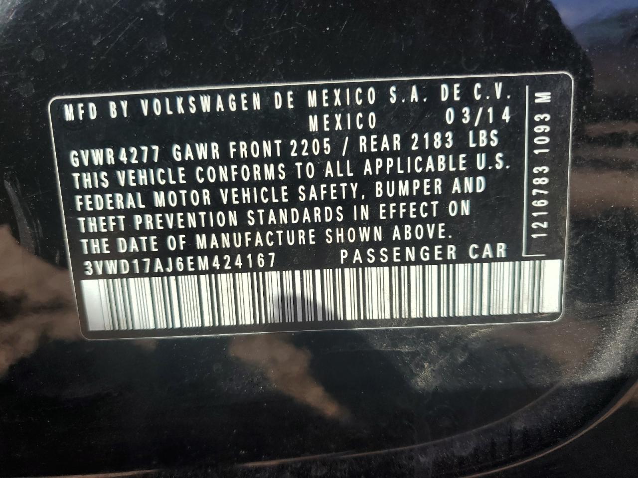 2014 Volkswagen Jetta Se VIN: 3VWD17AJ6EM424167 Lot: 85322485