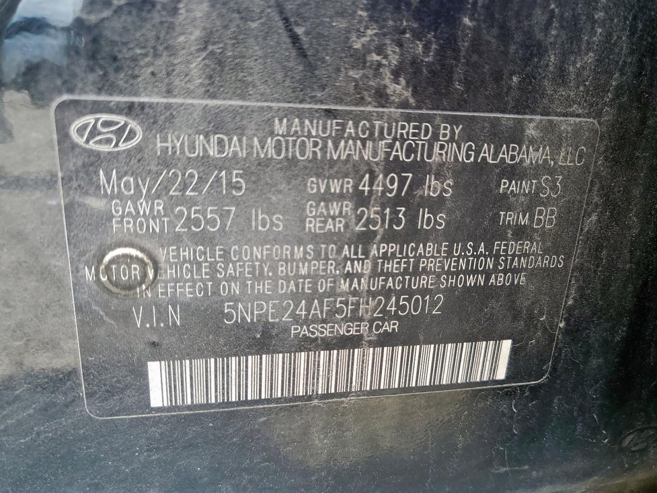 2015 Hyundai Sonata Se VIN: 5NPE24AF5FH245012 Lot: 84987455