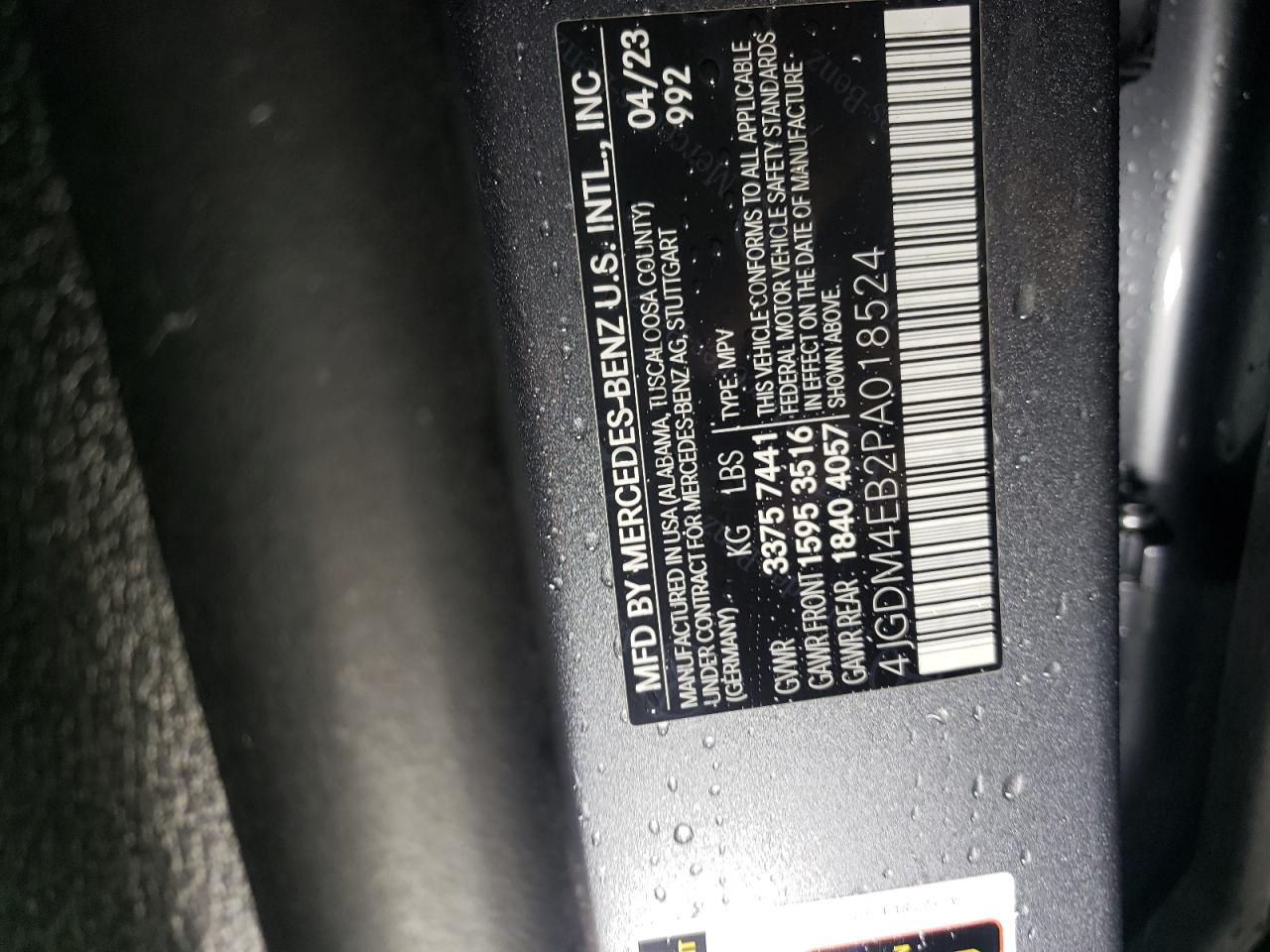 2023 Mercedes-Benz Eqs Suv 580 4Matic VIN: 4JGDM4EB2PA018524 Lot: 86541965