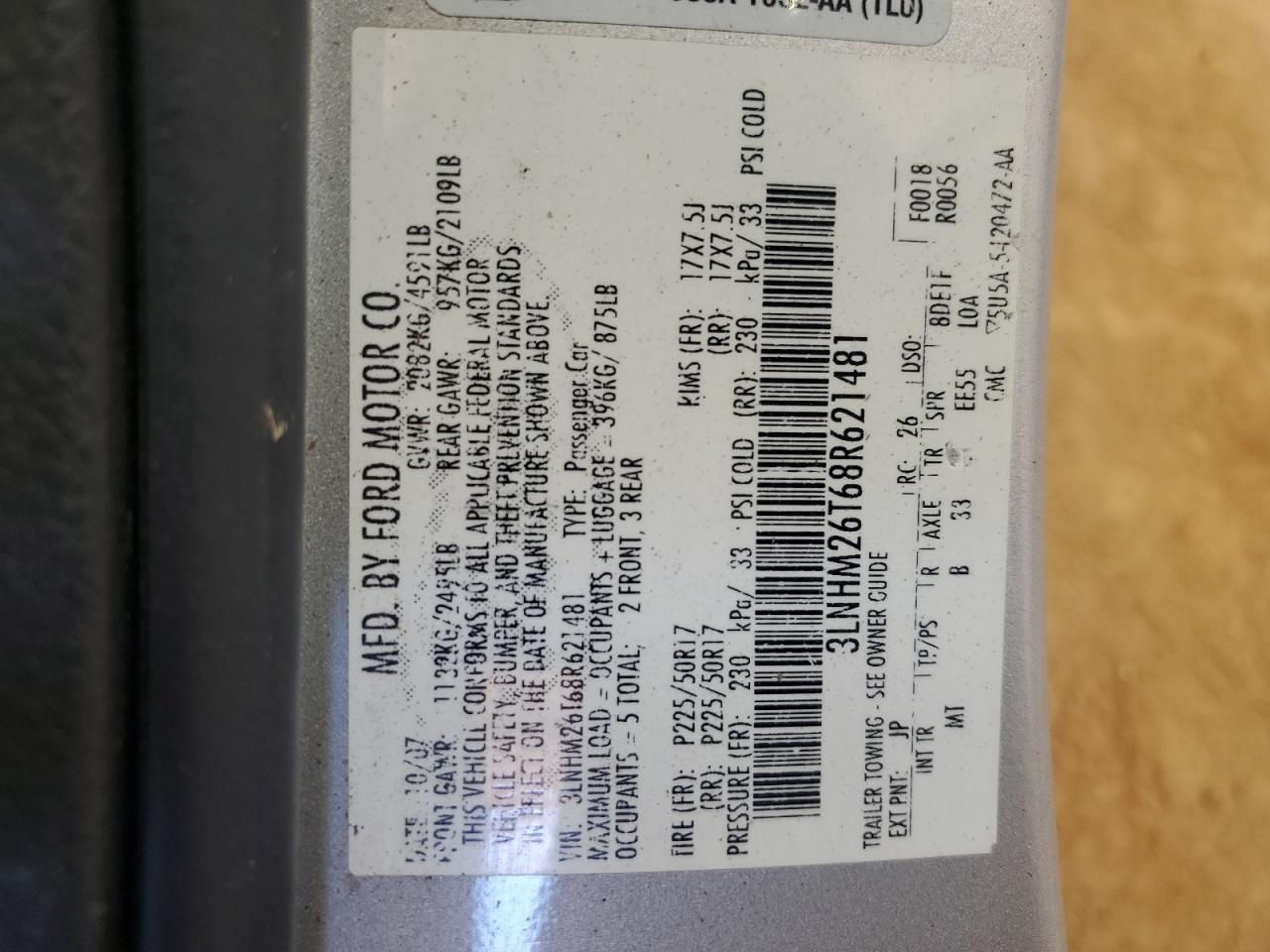 2008 Lincoln Mkz VIN: 3LNHM26T68R621481 Lot: 82585835