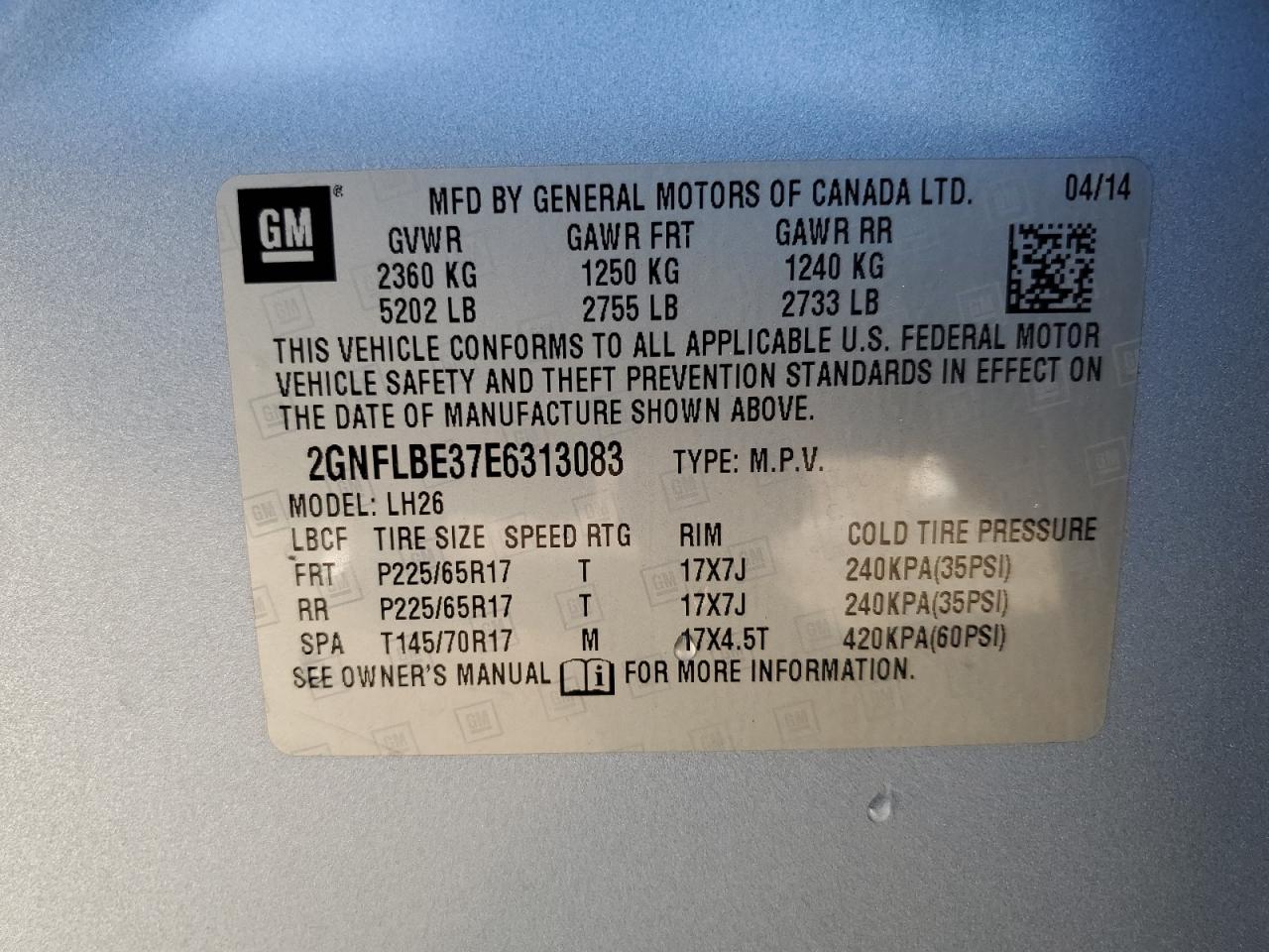 2014 Chevrolet Equinox Lt VIN: 2GNFLBE37E6313083 Lot: 86128365