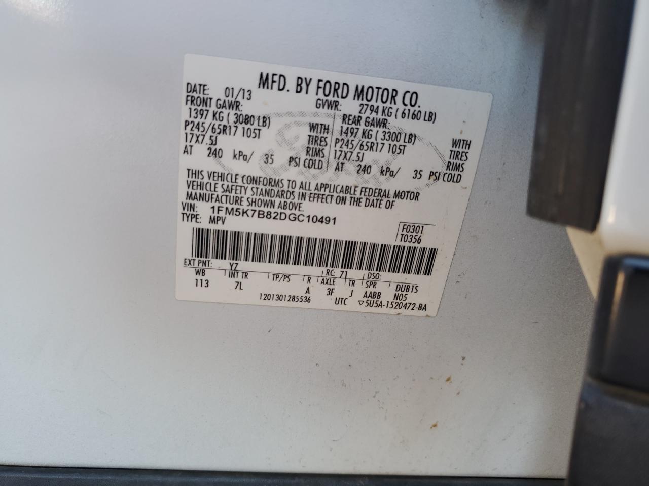 2013 Ford Explorer VIN: 1FM5K7B82DGC10491 Lot: 85168605