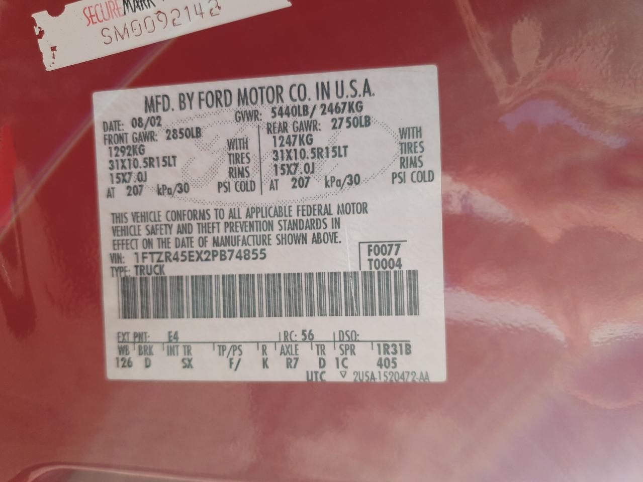 2002 Ford Ranger Super Cab VIN: 1FTZR45EX2PB74855 Lot: 90888575