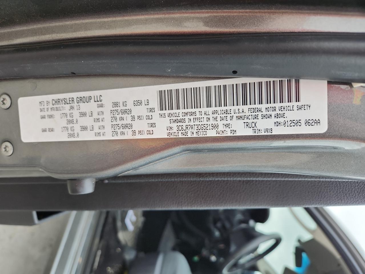 2013 Ram 1500 St VIN: 3C6JR7AT3DG521900 Lot: 84061555