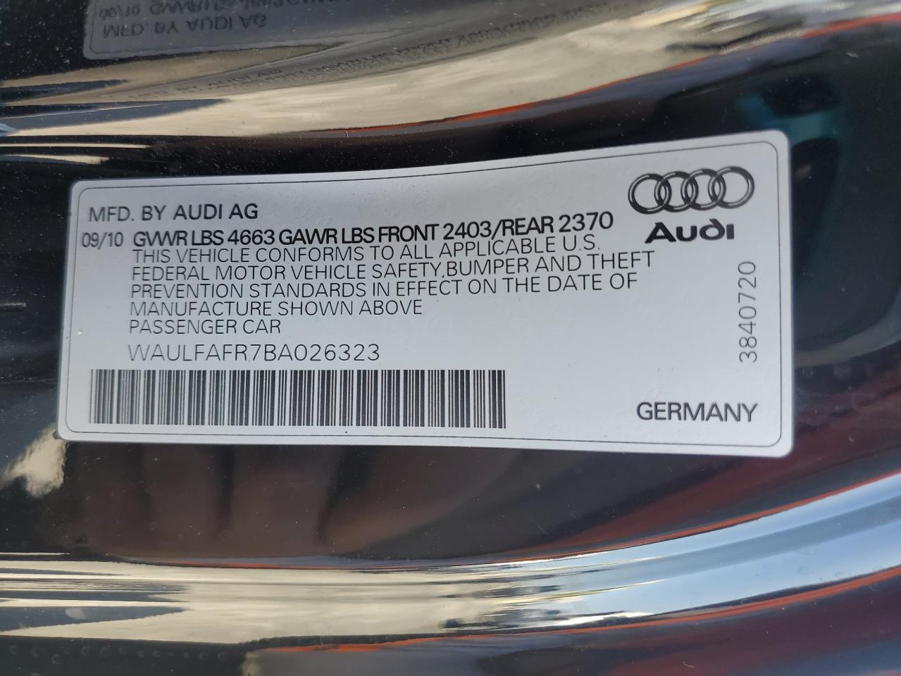 2011 Audi A5 Premium Plus VIN: WAULFAFR7BA026323 Lot: 82263365