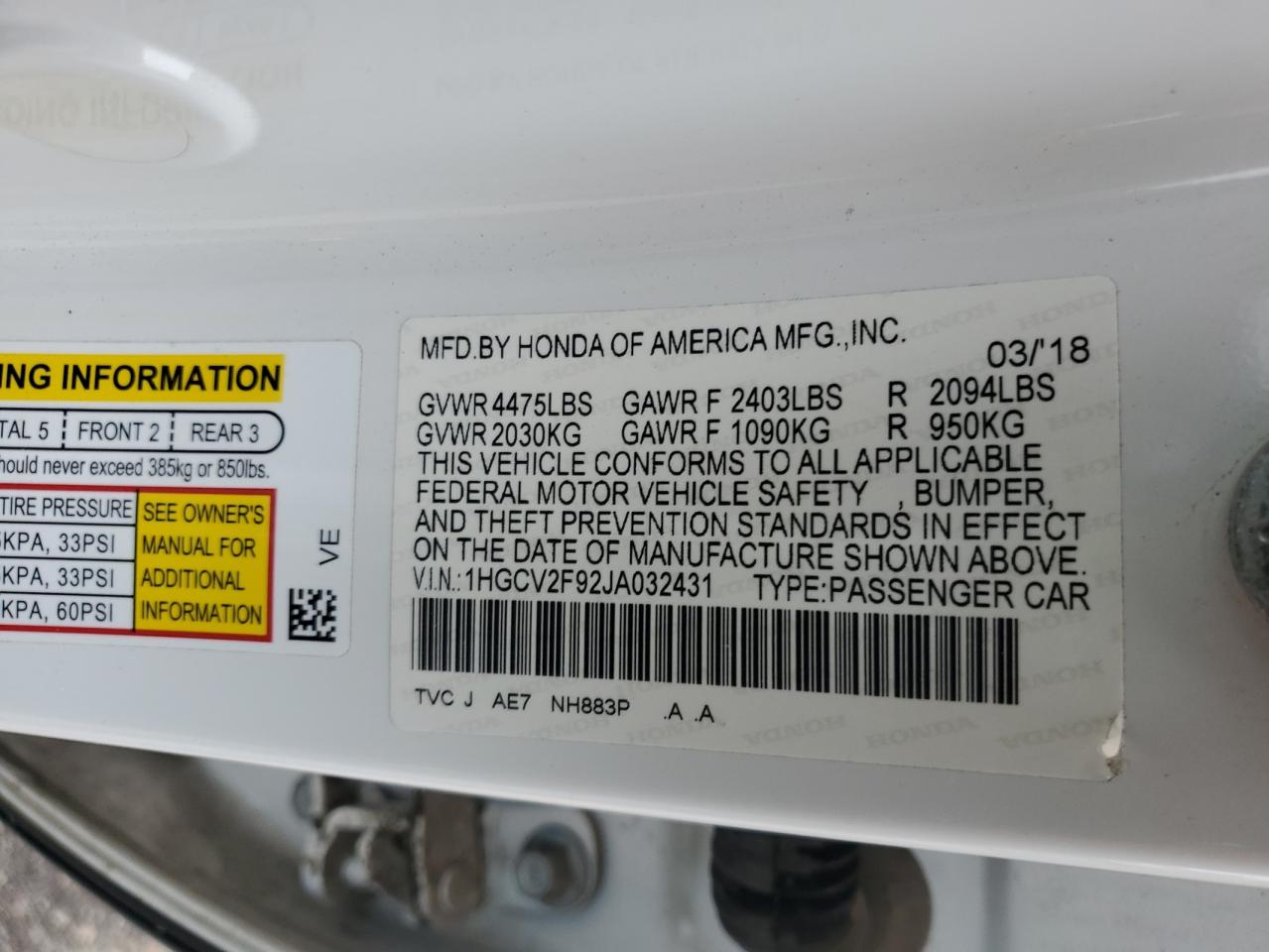 2018 Honda Accord Touring VIN: 1HGCV2F92JA032431 Lot: 90670265