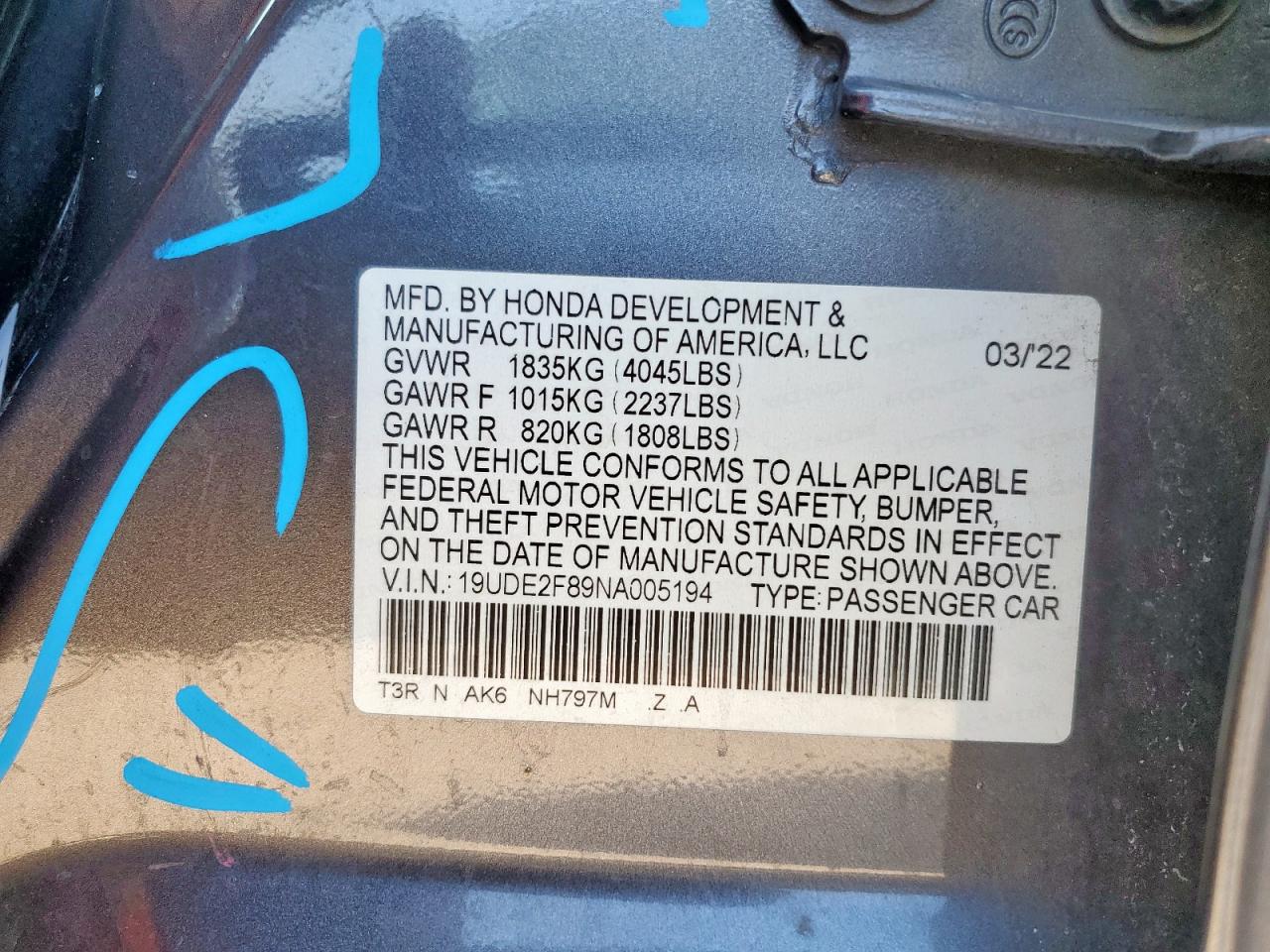 2022 Acura Ilx Premium A-Spec VIN: 19UDE2F89NA005194 Lot: 84775315