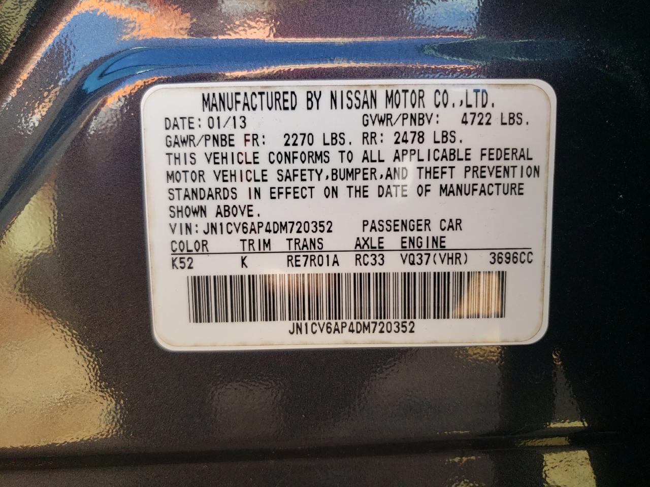 2013 Infiniti G37 Base VIN: JN1CV6AP4DM720352 Lot: 82236455