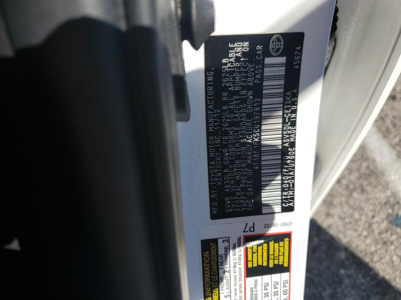 2012 Toyota Camry Base VIN: 4T1BF1FK5CU197813 Lot: 86599095