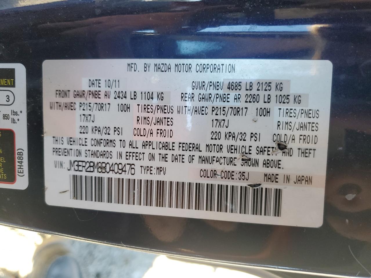 2011 Mazda Cx-7 VIN: JM3ER2BM8B0409476 Lot: 86143265