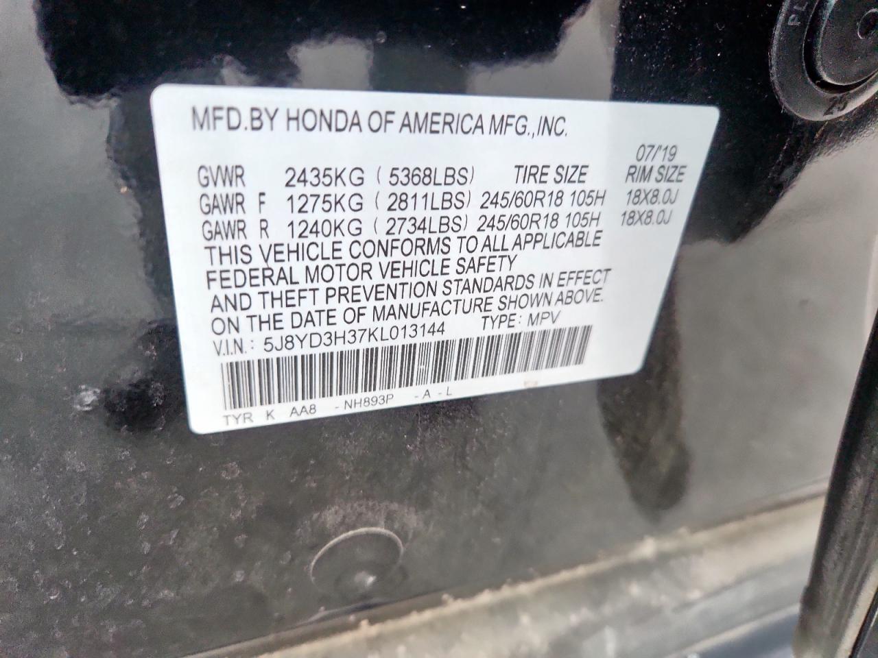 2019 Acura Mdx VIN: 5J8YD3H37KL013144 Lot: 86644535