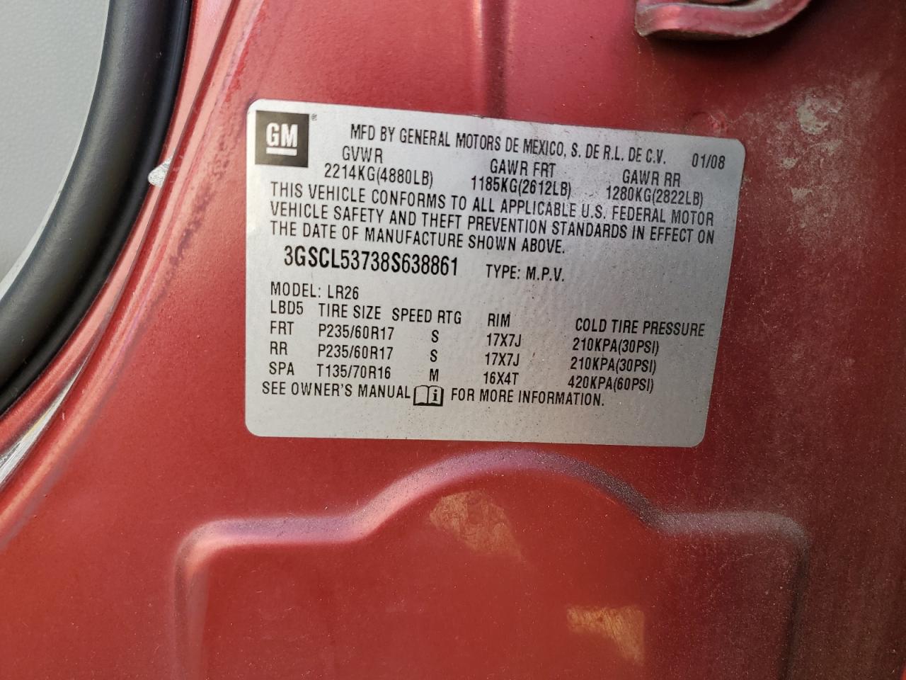 2008 Saturn Vue Xr VIN: 3GSCL53738S638861 Lot: 84599075