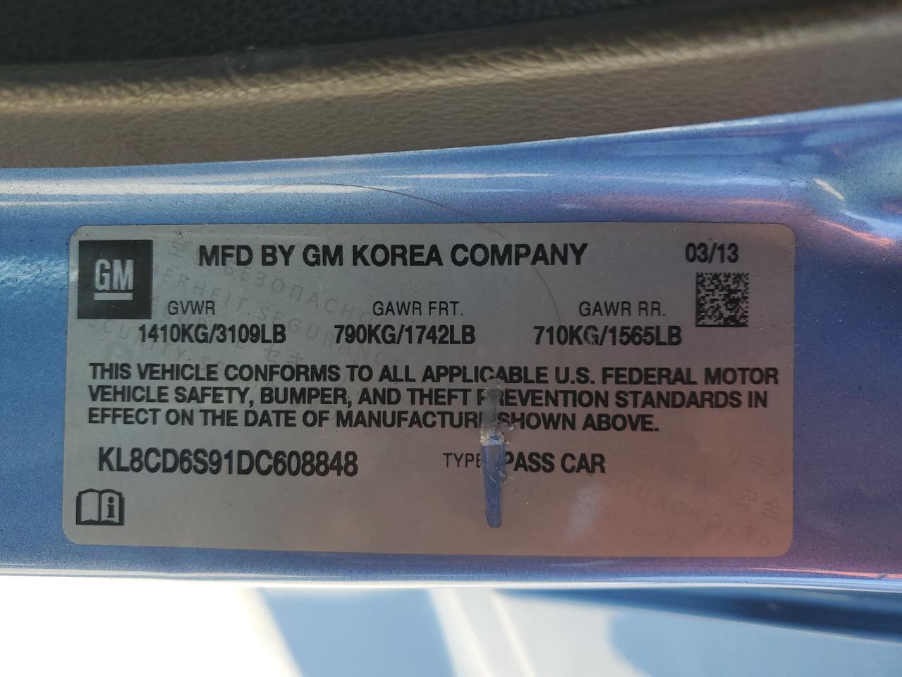 2013 Chevrolet Spark 1Lt VIN: KL8CD6S91DC608848 Lot: 85536055