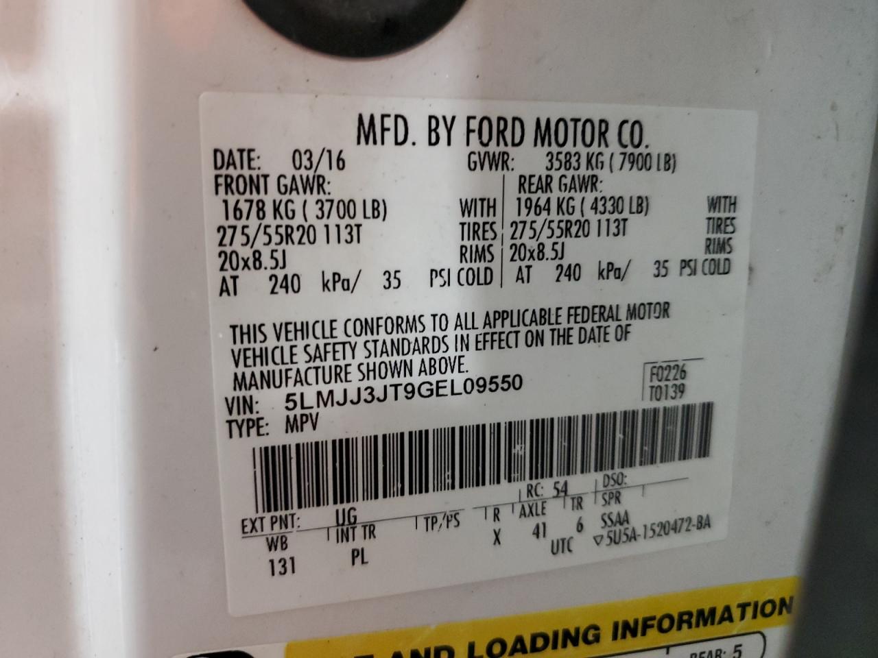 2016 Lincoln Navigator L Select VIN: 5LMJJ3JT9GEL09550 Lot: 85569705