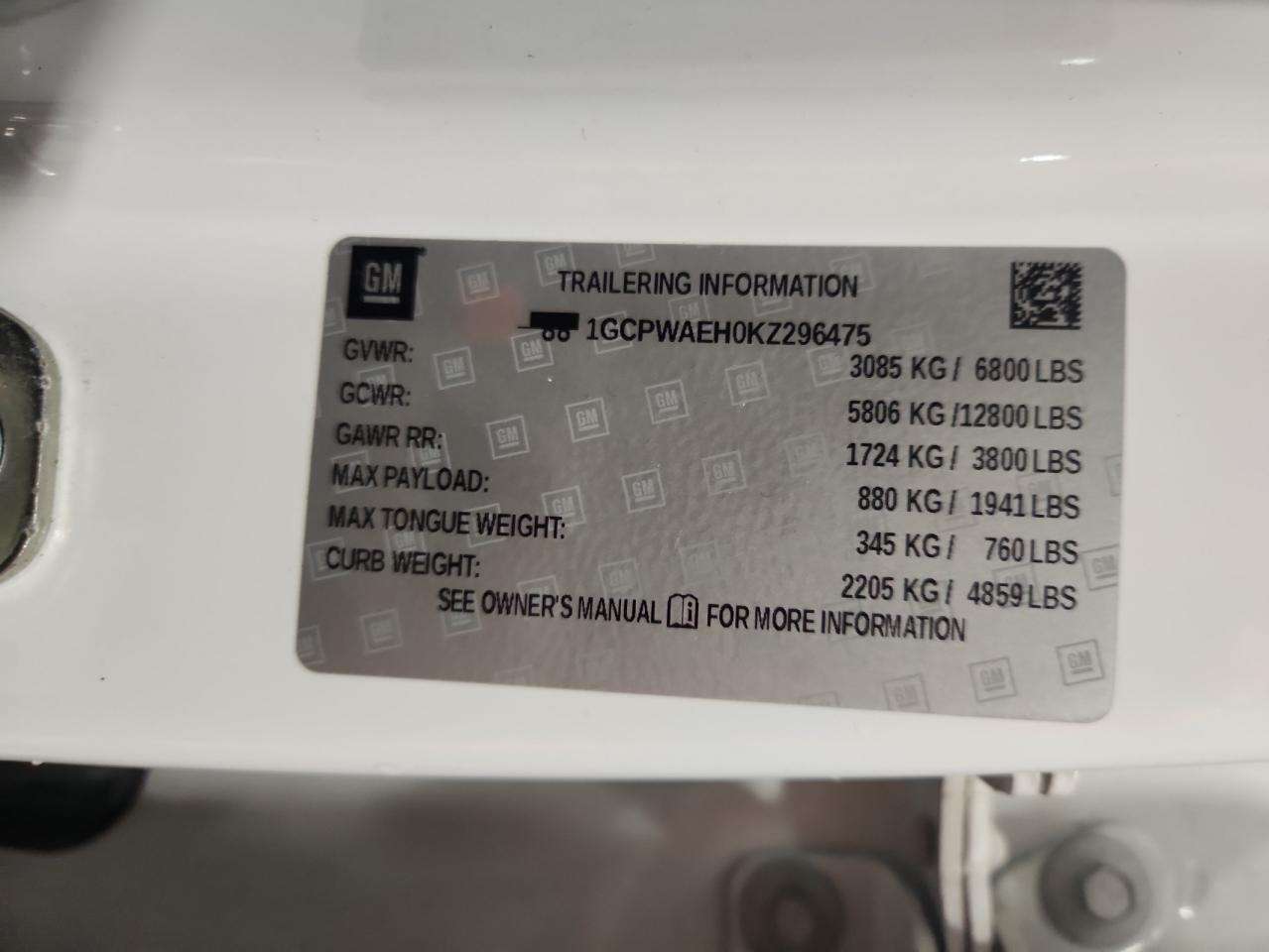 2019 Chevrolet Silverado C1500 VIN: 1GCPWAEH0KZ296475 Lot: 85192735
