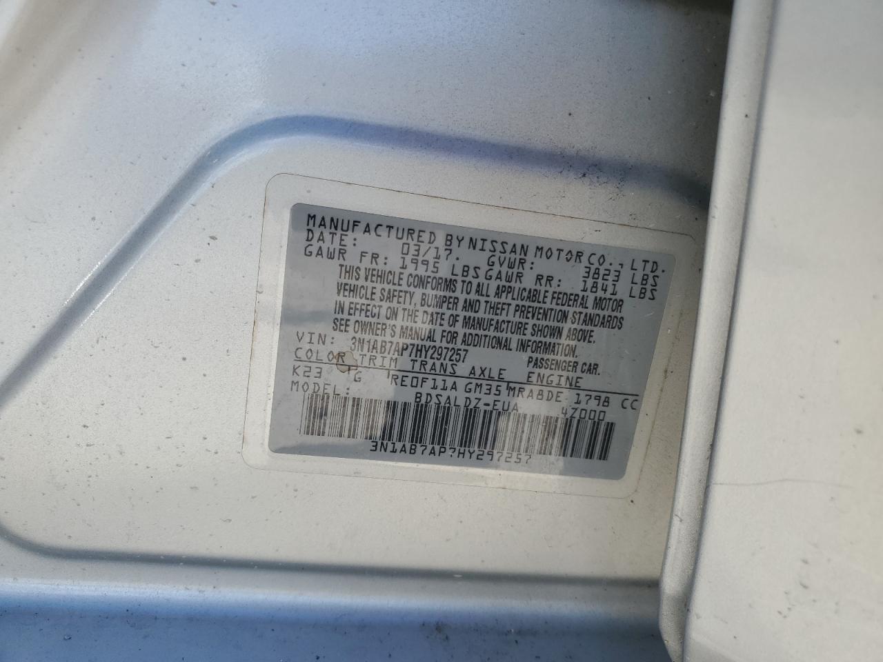 2017 Nissan Sentra S VIN: 3N1AB7AP7HY297257 Lot: 85550355