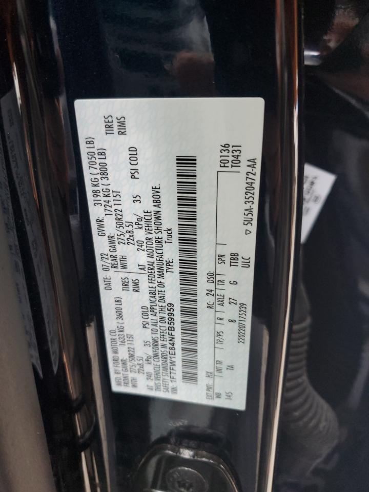 2022 Ford F150 Supercrew VIN: 1FTFW1E84NFB59959 Lot: 90355255