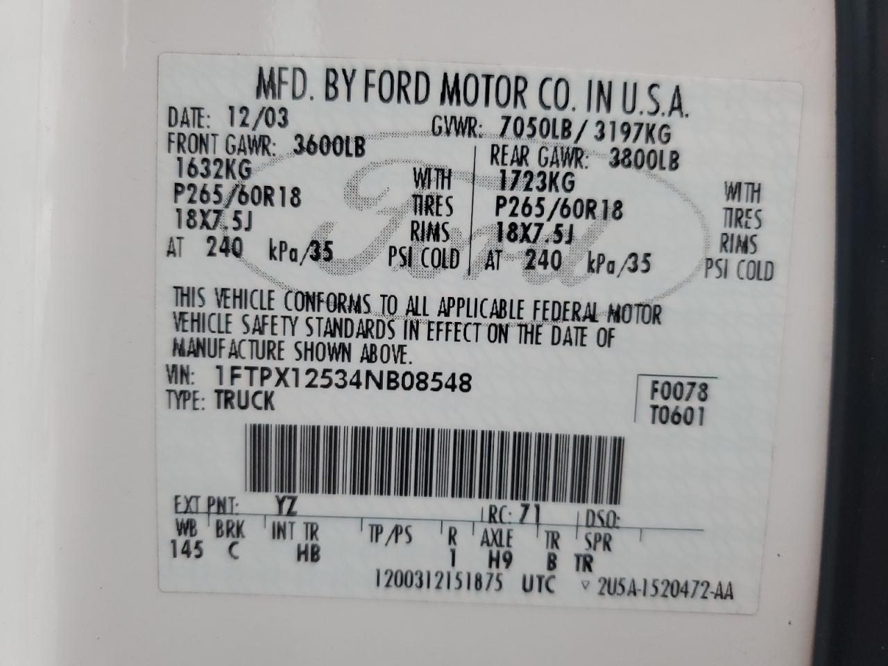 2004 Ford F150 VIN: 1FTPX12534NB08548 Lot: 90236445