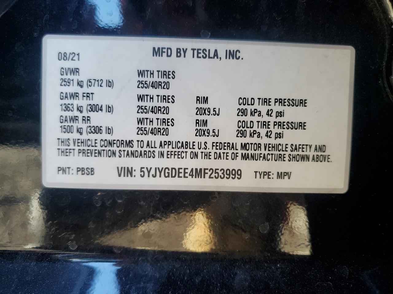2021 Tesla Model Y VIN: 5YJYGDEE4MF253999 Lot: 85898525