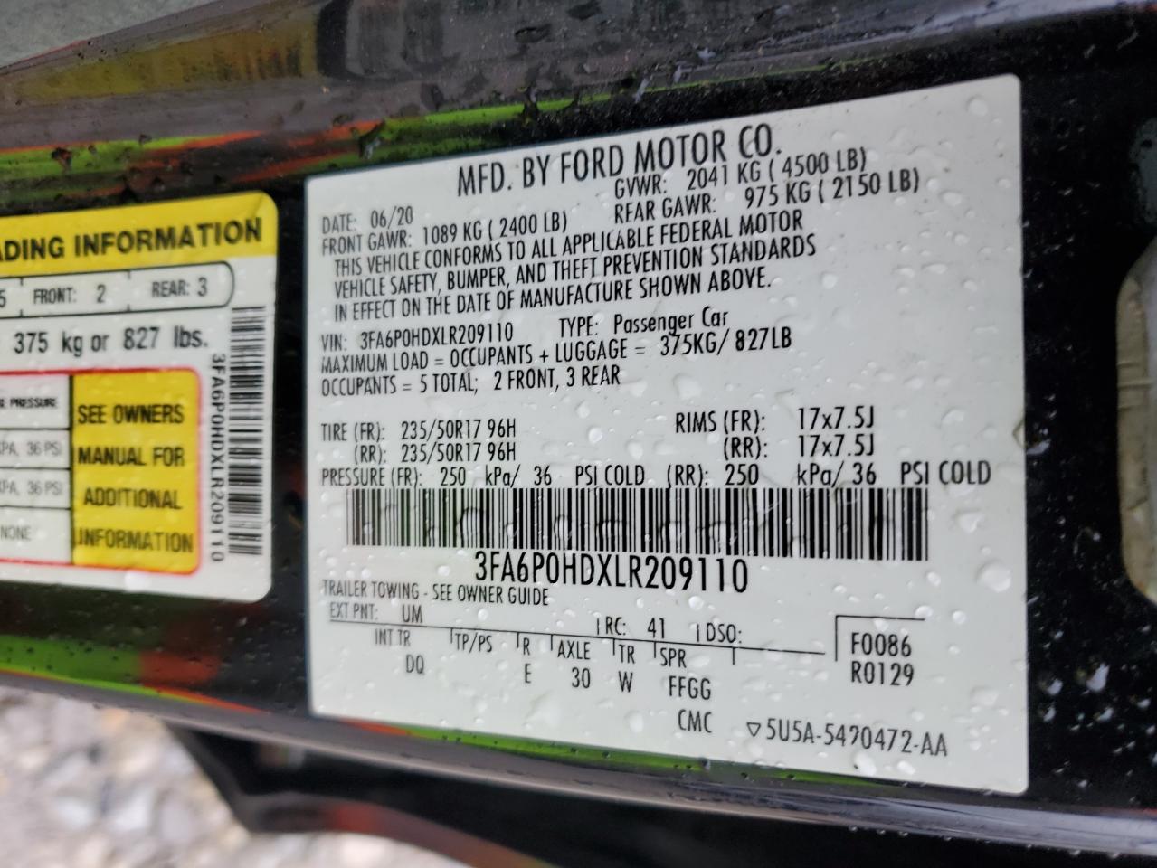 2020 Ford Fusion Se VIN: 3FA6P0HDXLR209110 Lot: 90426985