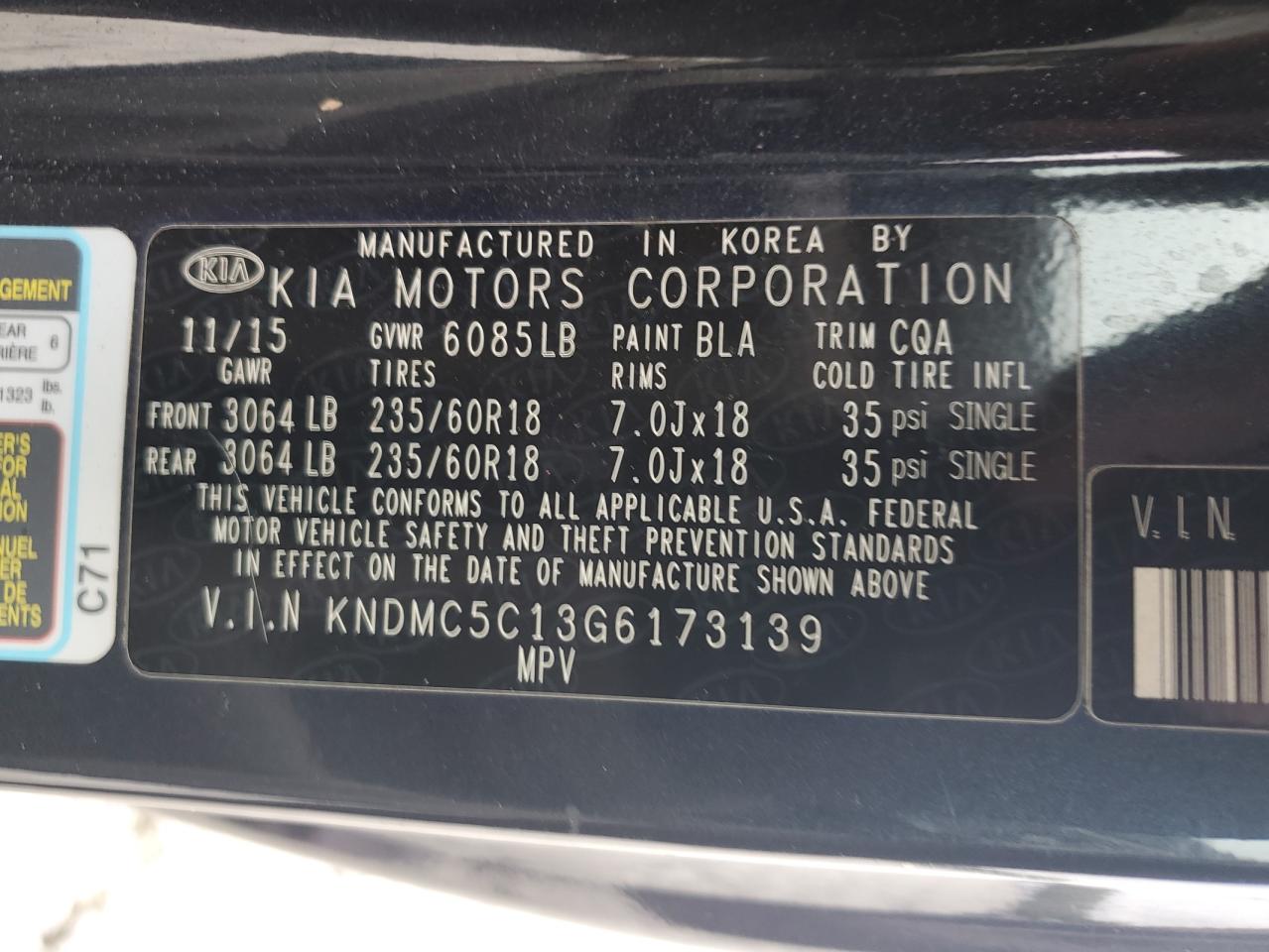 2016 Kia Sedona Ex VIN: KNDMC5C13G6173139 Lot: 90309015