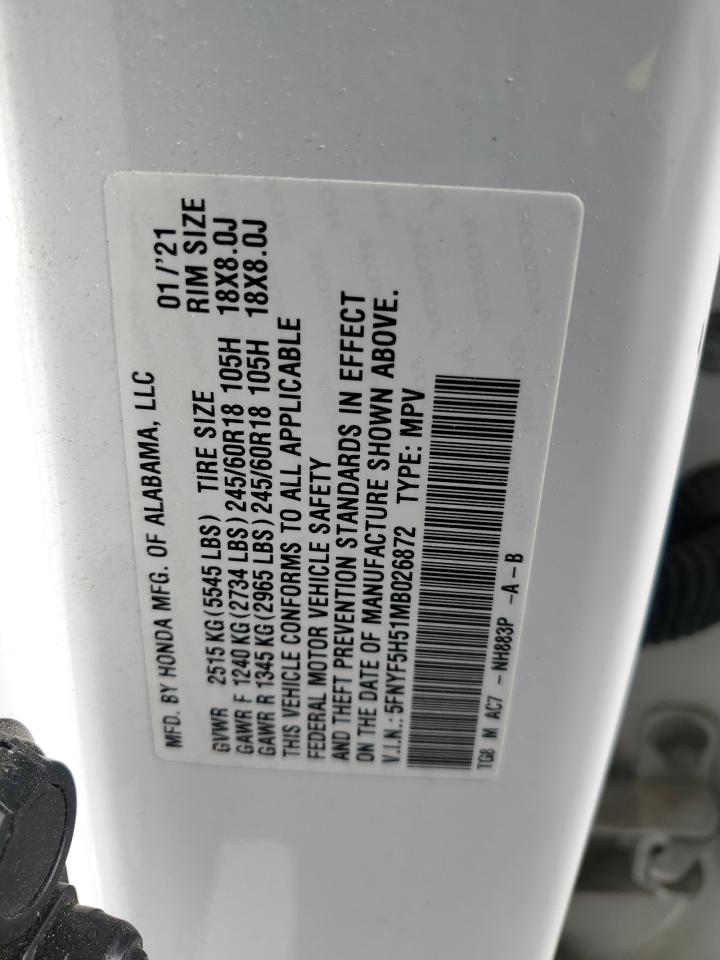 2021 Honda Pilot Exl VIN: 5FNYF5H51MB026872 Lot: 86264775