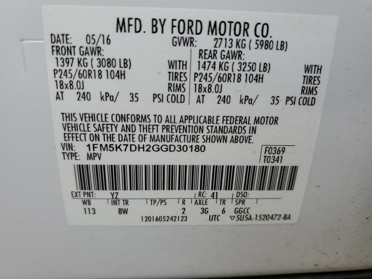 2016 Ford Explorer Xlt VIN: 1FM5K7DH2GGD30180 Lot: 81937145