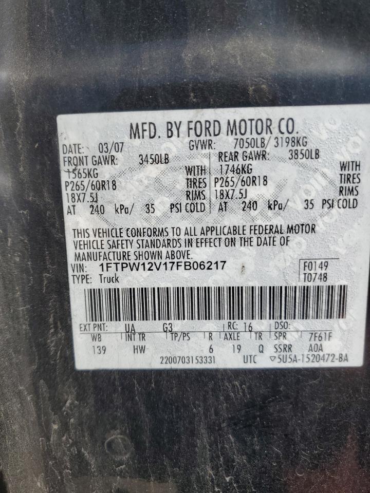 2007 Ford F150 Supercrew VIN: 1FTPW12V17FB06217 Lot: 90695465