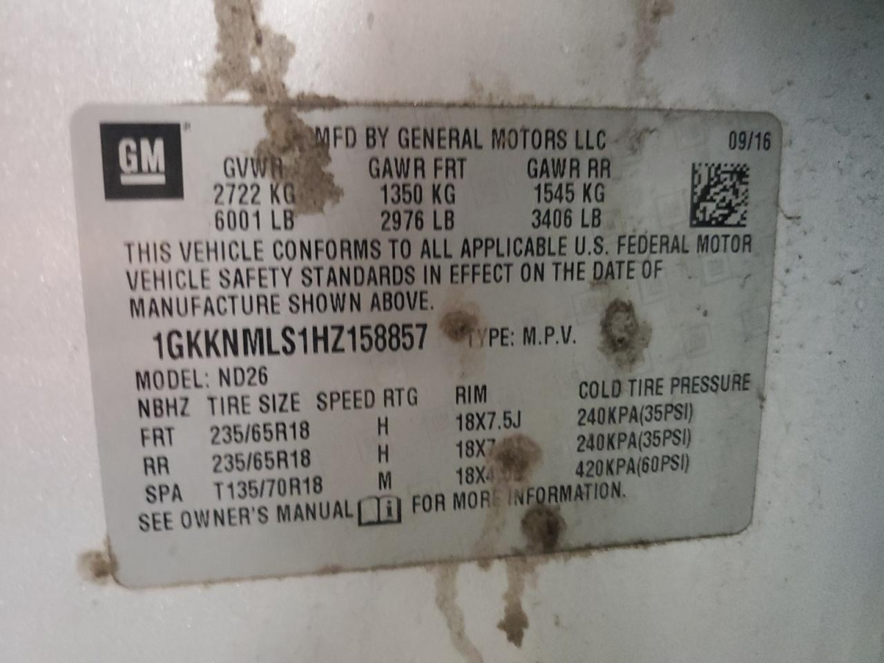 2017 GMC Acadia Slt-1 VIN: 1GKKNMLS1HZ158857 Lot: 87258865